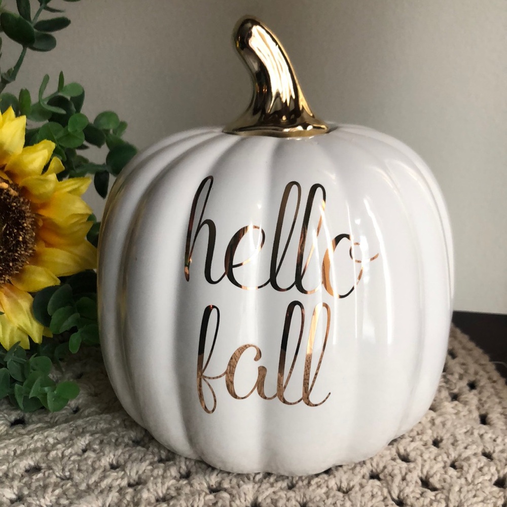 White Ceramic Pumpkin with Gold Accents and HELLO FALL text